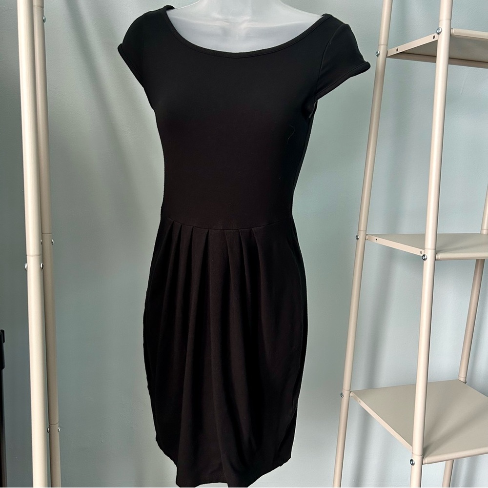 Karen Kane Black Pencil Dress with Pleats and Cap Sleeves